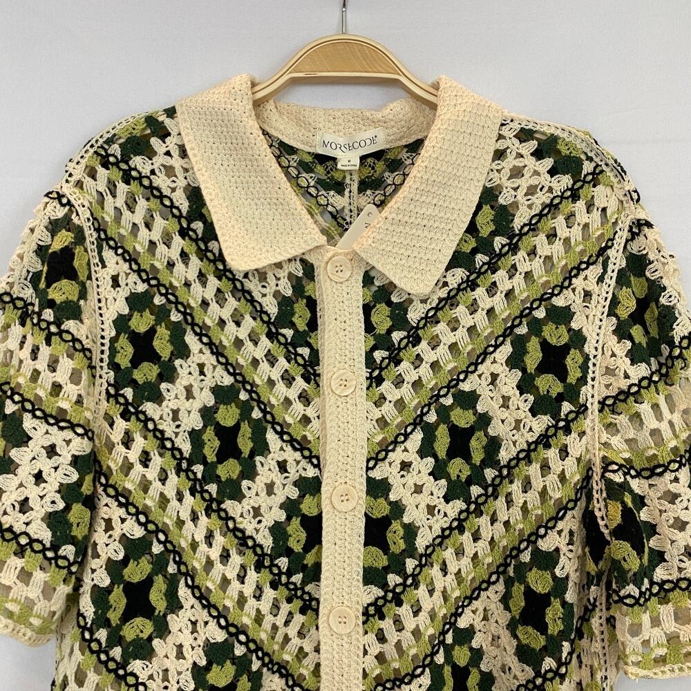 Morsecode Men Granny Square Crochet Knit Shirt Size M Green Coastal Festival NWT - Picture 3 of 9